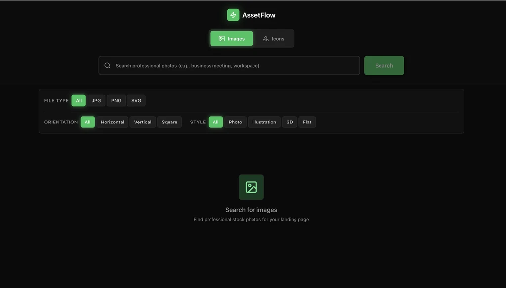 AssetFlow interface with image search, file type, orientation, and style filters
