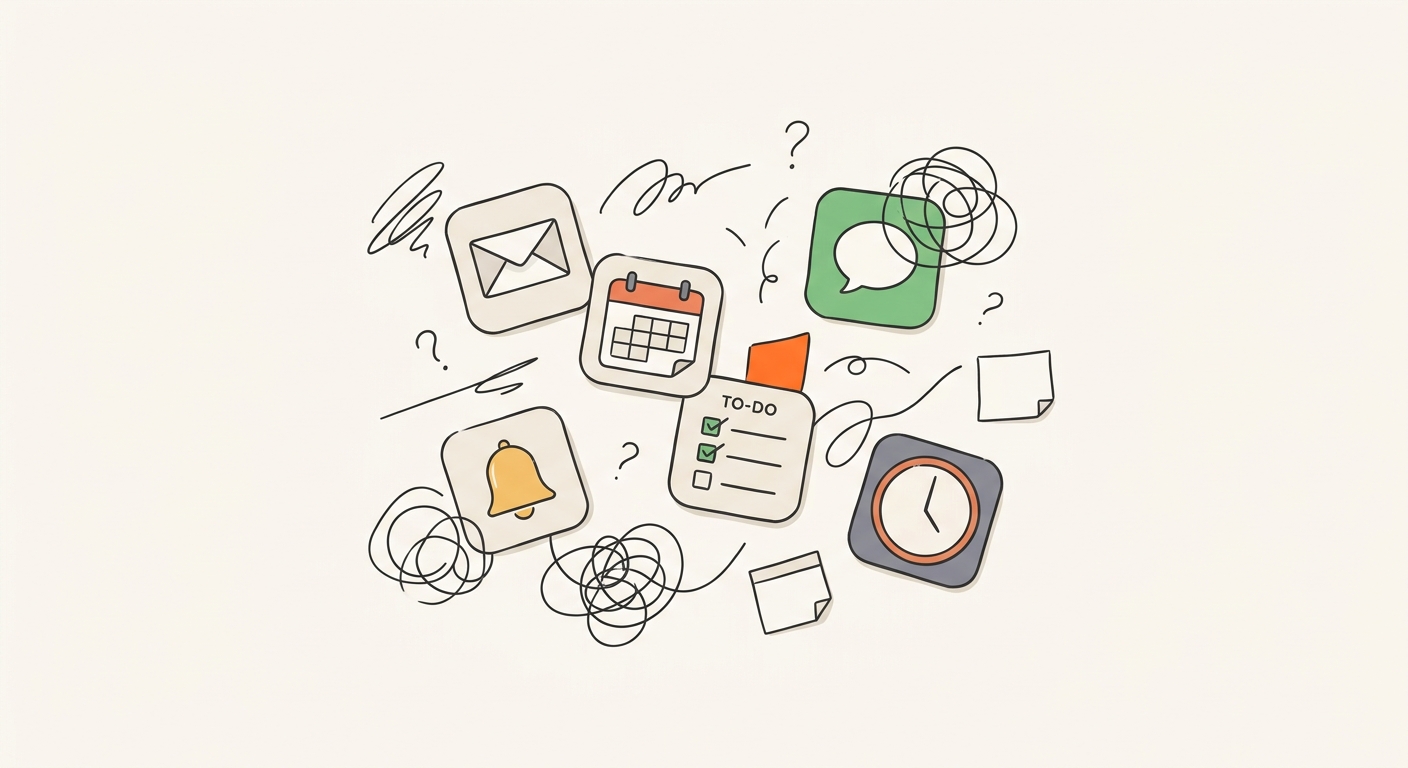 Scattered app icons: email, calendar, messages, reminders, to-do list, clock, tangled together