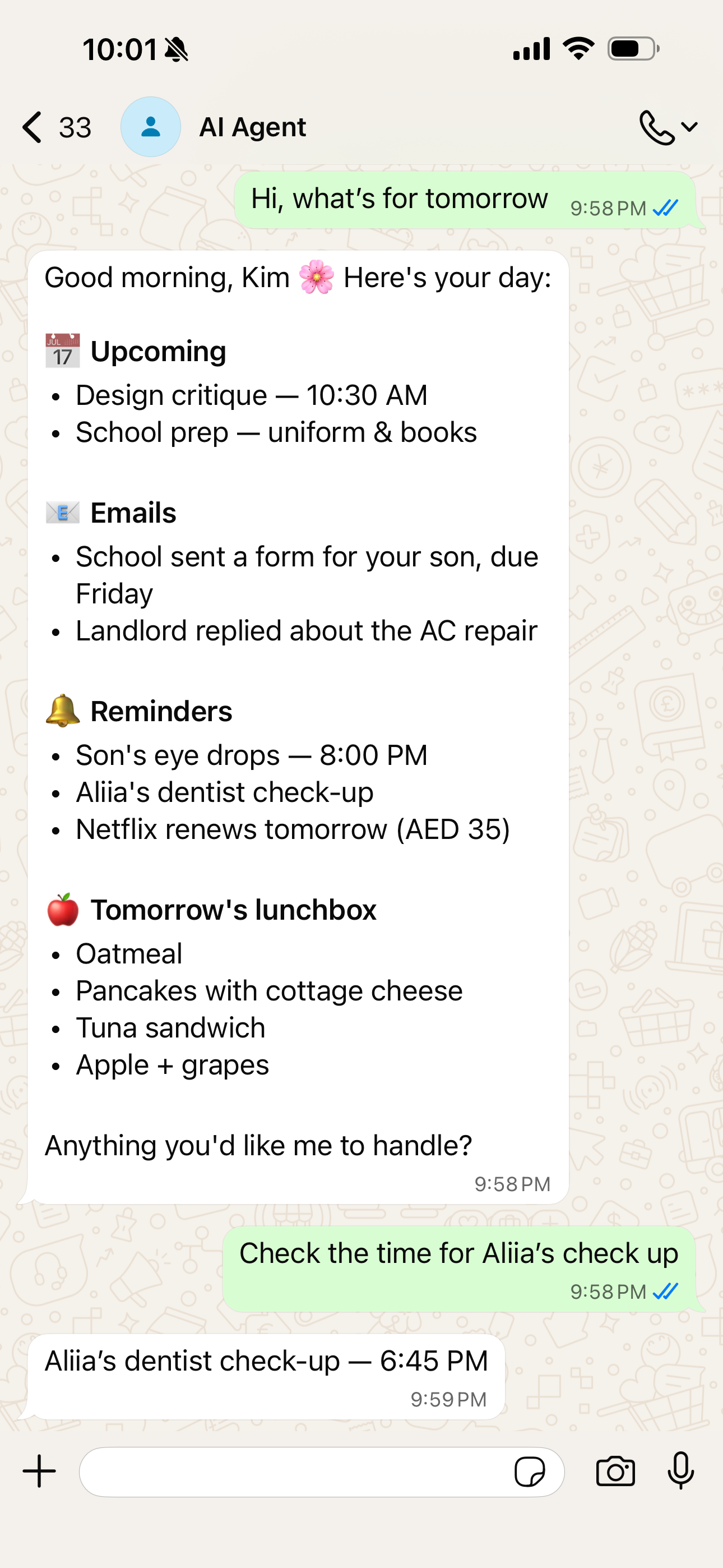 WhatsApp morning brief from the AI Agent: upcoming events, emails, reminders, tomorrow's lunchbox