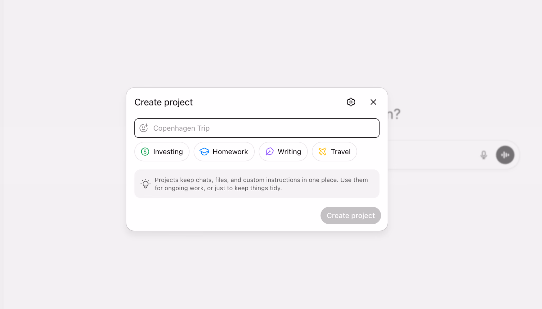 Create project dialog used to set up the Design Copilot