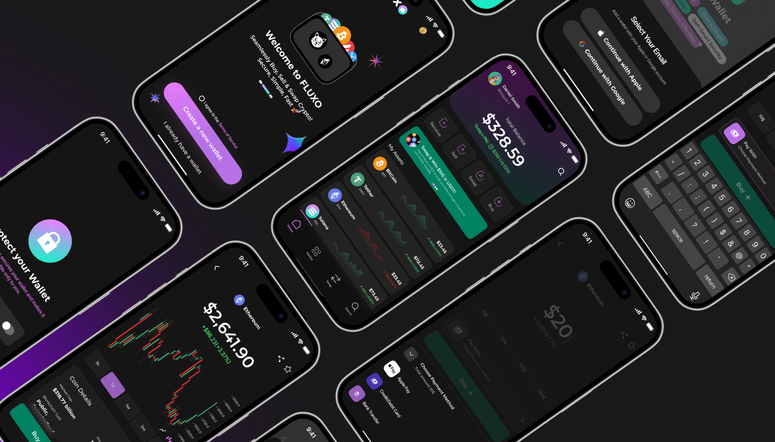 Fluxo screens: onboarding, wallet security, home, token details, buy, and payment method