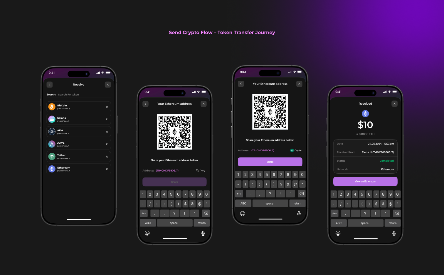 Send crypto flow: pick token, share address, copy, received