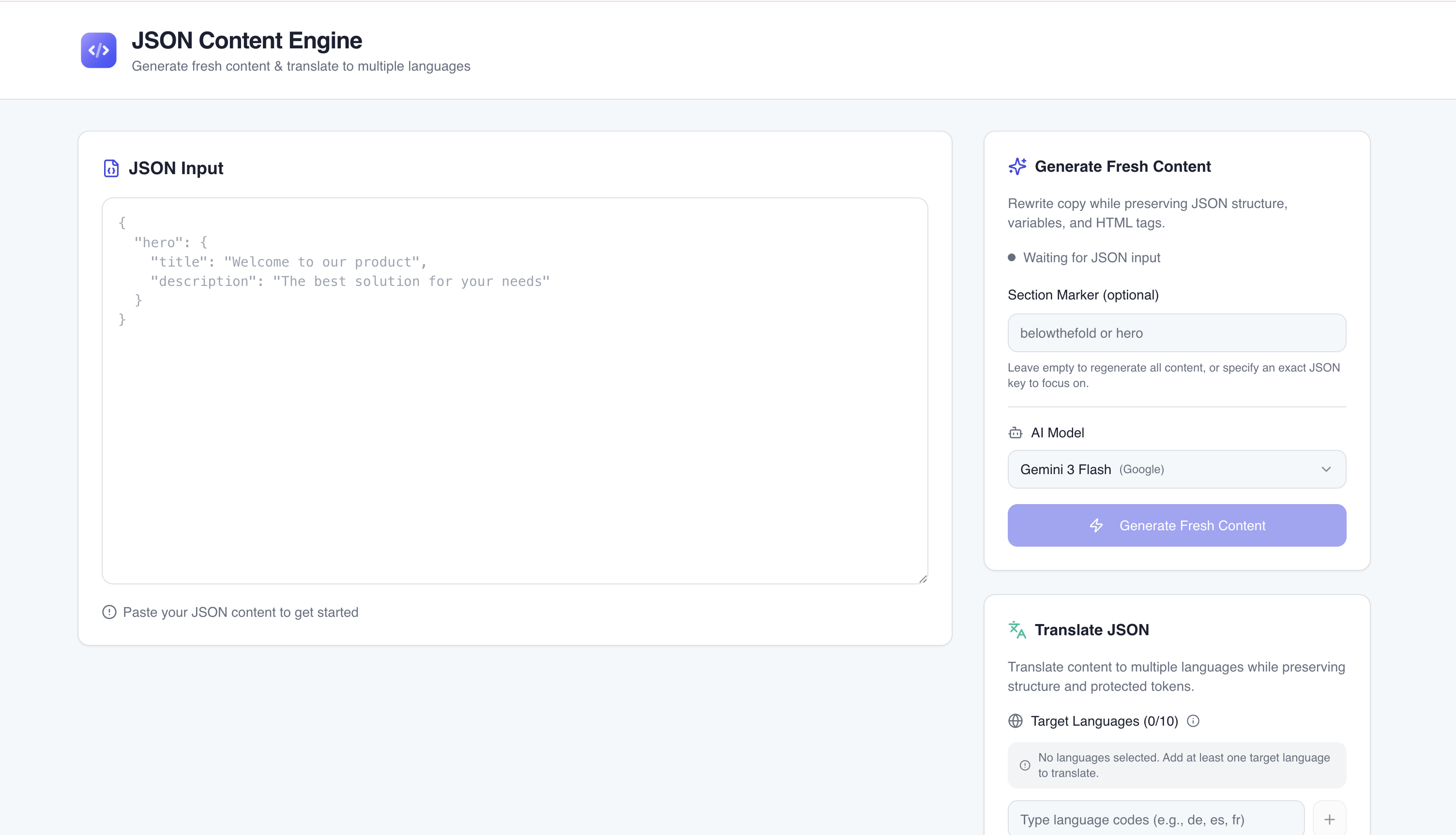 JSON Content Engine interface with JSON input, content generation, and translation panels
